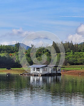 Raft House in Srinagarind Dam Lake, Kanchanaburi Province, Thailand