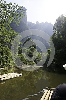 a raft on the river in the jungle