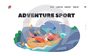 Rafting Adventure Sport Landing Page Template. Sportsmen Rowing in Rubber Boat Down the Rocky Mountain River