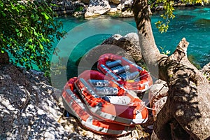 Rafting boats near Koprucay river in Manavgat, Antalya. Rafting and outdoor concept