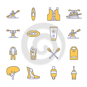 Rafting, kayaking flat line icons. Vector illustration of water sport equipment