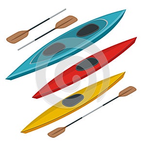 Rafting and kayaking icons collection. Isometric plastic kayak water recreational, touring or travel transport. Flat 3d
