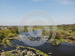 Rafting place on rapids on Pivdenniy Bug river, drone view. Sokilets village, Nemyriv district, Vinnytsya region, Ukraine photo