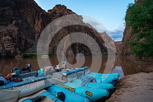 Rafts Tied to the Edge of the Colorado River in the Grand Canyon