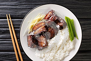 Rafute is the Okinawan version of simmered pork belly served with rice closeup in the plate. Horizontal top view