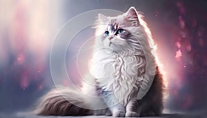 Ragamuffin Cat Medium Shot White Pink Blue Magical Fantasy Bokeh. Generative AI