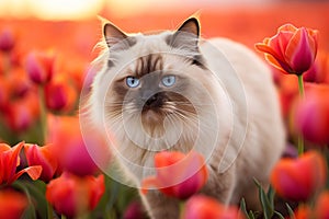 Ragdoll cat in field of tulip spring flowers