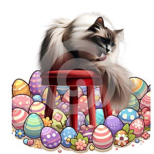 Ragdoll Cat grooming among easter eggs