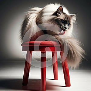 a Ragdoll cat grooming itself on a red stool