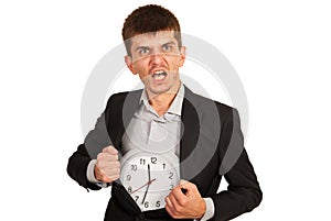 Rage business man with clock into coat