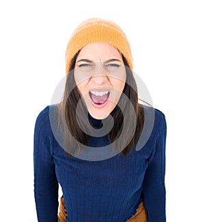 Rage young woman screaming, isolated on white background. Frustrated girl