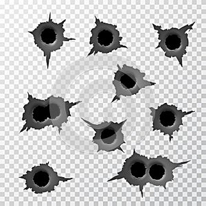 Ragged Bullet Hole. Torn surface from bullet. Ripped metal on transparent background. Vector illustration