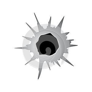 Ragged hole in metal or paper from bullet. Damage or crack on surface in monochrome color. Vector illustration isolated