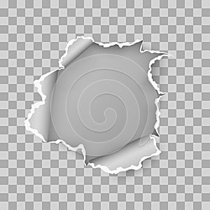 Ragged hole torn in ripped sheet of paper. Vector illustration isolated on transparent background