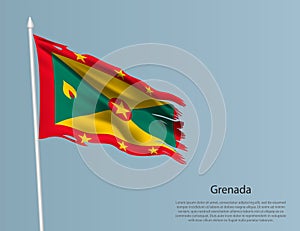 Ragged national flag of Grenada. Wavy torn fabric on blue background.