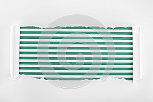 Ragged textured white paper with curl edges on green striped background.