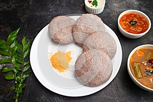 Ragi Idly, finger millet Idli  Sambar, coconut chutney  in Kerala India