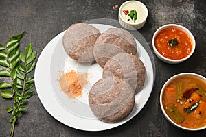 Ragi Idly, finger millet Idli Sambar, coconut chutney in Sri Lanka