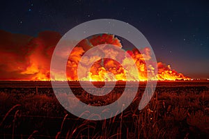 raging fire consumes grass and trees. Tall flames from the fire illuminate the night sky, clouds of smoke obscure the horizon