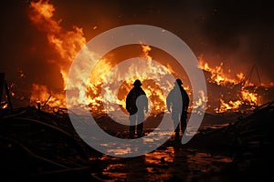 Raging fire silhouette, two brave firemen, burning scrap