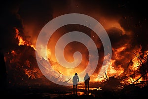 Raging fire silhouette, two brave firemen, burning scrap