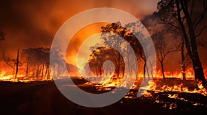 A raging forest fire engulfs trees and wildlife in its path