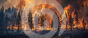A raging forest fire rages out of control, with towering flames and billowing smoke consuming the trees in a