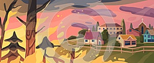 Raging Forest Fire Threatens The Village, Consuming Trees And Homes In A Relentless Blaze, Cartoon Vector Illustration