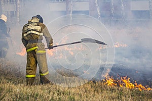 Raging forest spring fires. Burning dry grass, reed along lake. Grass is burning in meadow. Ecological catastrophy. Fire and smoke