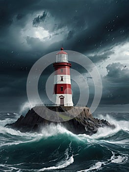 Raging storm waves red lighthouse guides through tempestuous waters. Generated AI