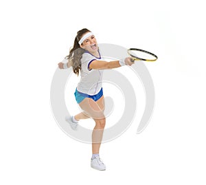 Raging tennis player hitting ball