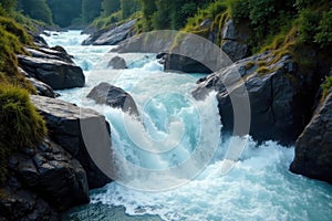 Raging torrent carves path through rugged terrain splashing spray rapids flowing erosion photo