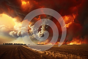 Raging wildfire in agricultural landscape, with a horizon lit by flames against smoke filled red apocalyptic sky. Generative AI