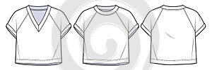 Raglan Cropped Tee Shirt fashion flat tehnical drawing template.