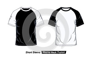 Raglan Round Neck T-Shirt Template, Short Sleeve, Black White, Front View