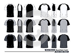 Raglan Round Neck T-Shirt Template, short Sleeve, Front, Side And Back View