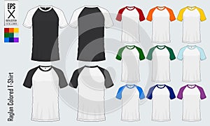 Raglan round neck t-shirts templates. Colored sleeve jersey mockup in front view and back view for baseball, soccer, football. photo