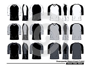 Raglan V-Neck T-Shirt Template, Three Quarter Sleeve, Front, Side and Back View