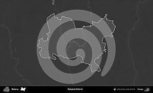 Rahacou District highlighted, Belarus. Grayscale