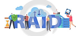 RAID Concept. Tiny Characters in Data Center around Huge Redundant Array of Independent Disks Storage, Backup Servers