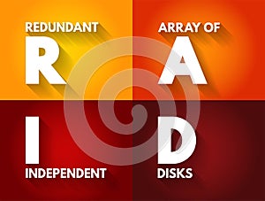 RAID - Redundant Array of Independent Disks is a data storage virtualization technology, acronym text concept background