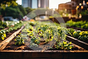 Raided beds in an urban garden growing plants herbs spices vegetables and flowers in the city. Sustainable living