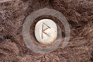 Raido or Raidho Nordic stone rune on animal fur. Letter Raed of the Viking alphabet photo