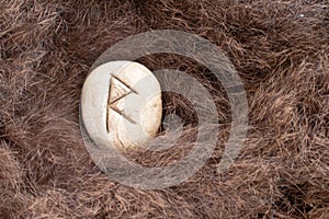 Raido or Raidho Nordic stone rune on animal fur. Letter Raed of the Viking alphabet photo