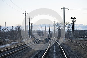 Rail branching. Railway close up. Rails for high-speed trains. Railway tracks with arrows and interchanges