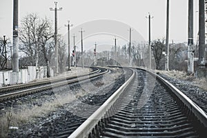Rail branching. Railway close up. Rails for high-speed trains. Railway tracks with arrows and interchanges