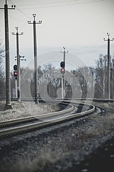 Rail branching. Railway close up. Rails for high-speed trains. Railway tracks with arrows and interchanges
