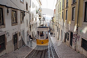 Rail car at the upper station of the Bica Funicular, Ascensor da Bica, Lisbon, Portugal