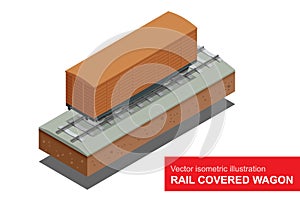 Rail covered wagon. Vector isometric illustration of rail covered wagon. Rail freight transportation.