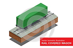 Rail covered wagon. Vector isometric illustration of rail covered wagon. Rail freight transportation.